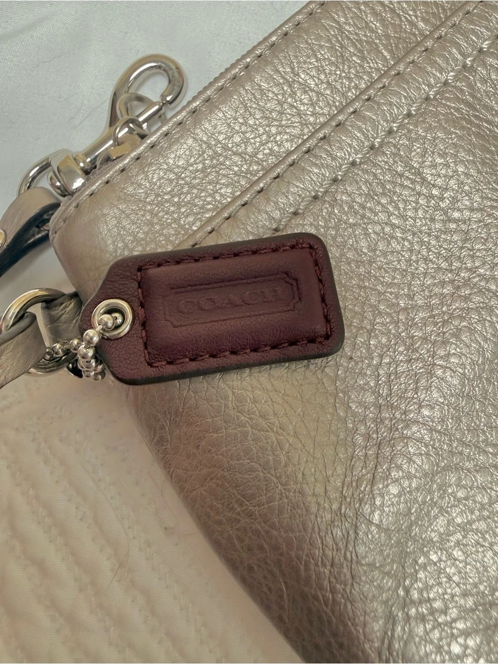 Coach Metallic Taupe Leather Wristlet with Silver Hardware